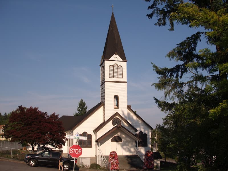 Our Lady of Lourdes Roman Catholic Church on Laval Square in the Maillardville heritage district of Coquitlam, a wooden church from the early French-Canadian community.