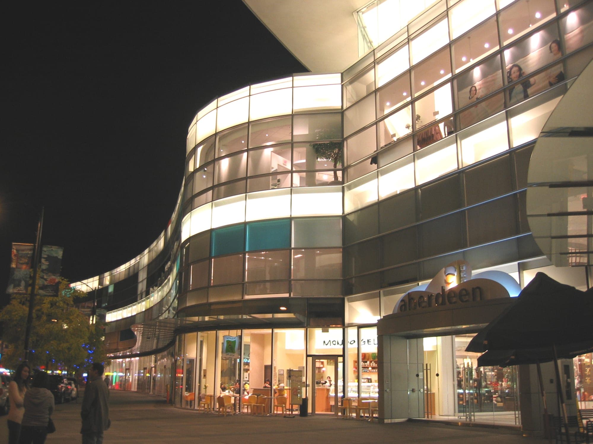 The exterior of Aberdeen Centre shopping mall in Richmond at night, home to one of the best Asian food courts in North America.