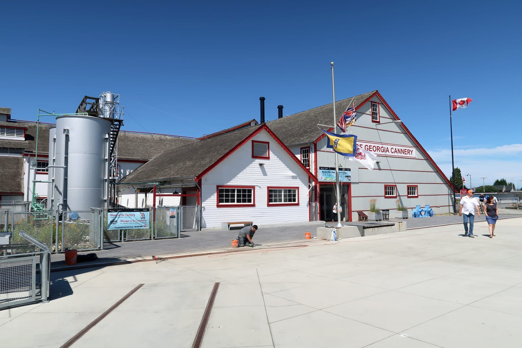 The red-painted exterior of the Gulf of Georgia Cannery National Historic Site on the Steveston waterfront in Richmond, BC.
