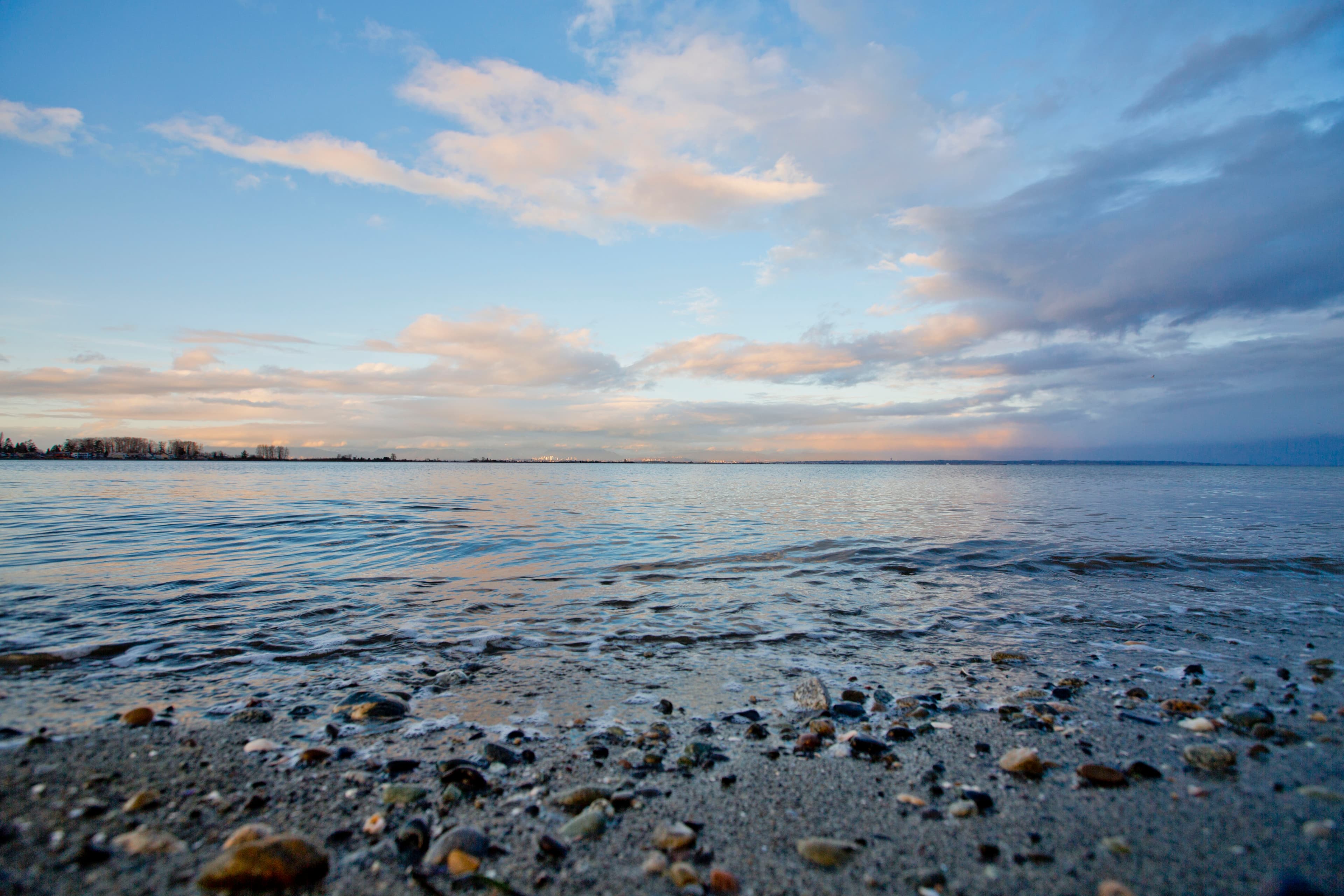 Boundary Bay Regional Park in Tsawwassen at low tide, with the wide tidal flats, Mount Baker visible on the horizon across the bay, and the classic quiet southern Delta coastal landscape.